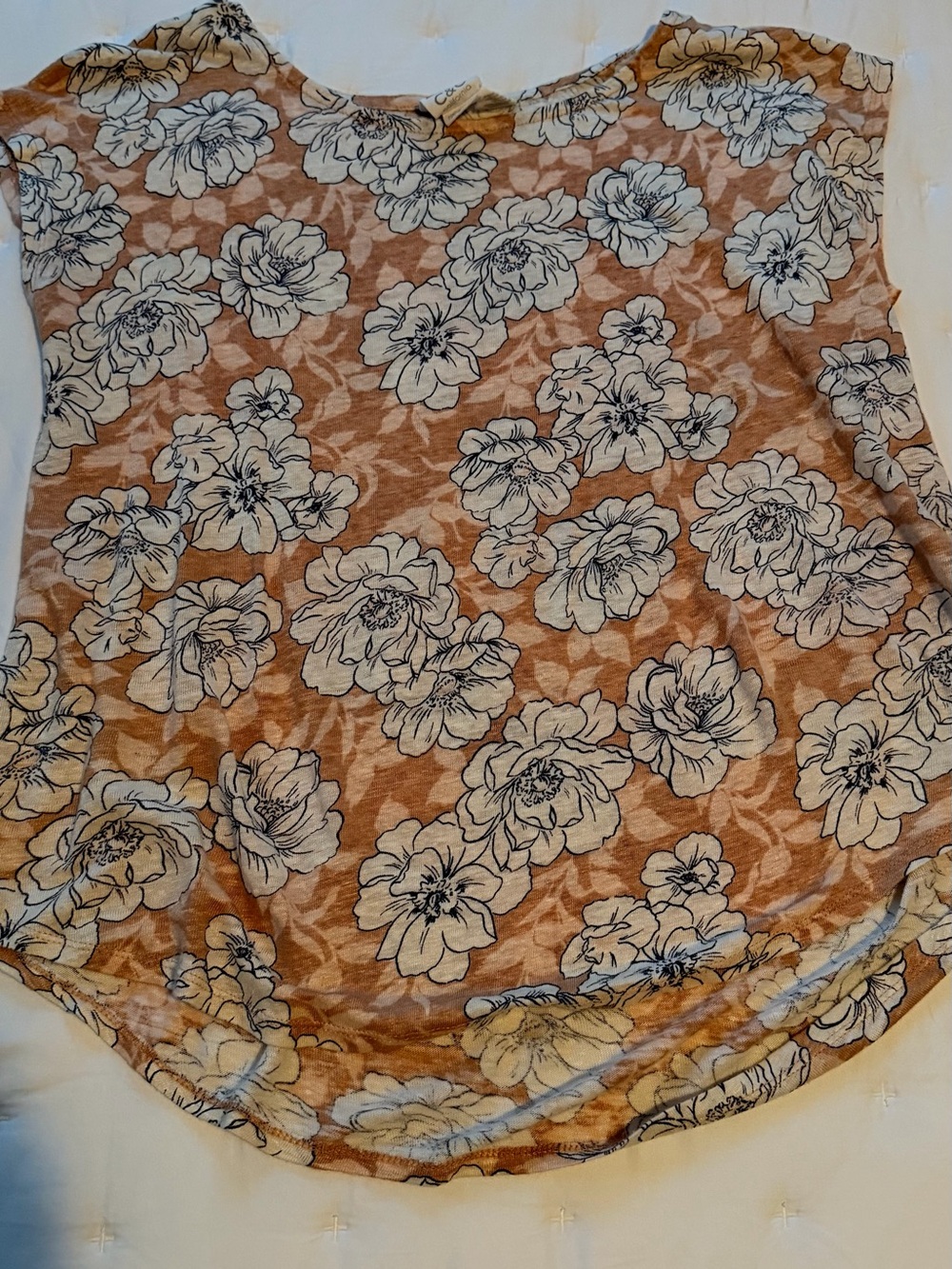 100% Linen Floral Print Lightweight Tee in Orange and White